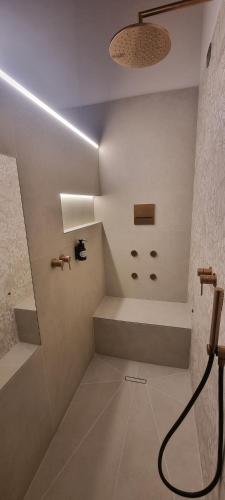 a bathroom with stairs and a shower with lights at Locanda Gli Ulivi in Monteveglio