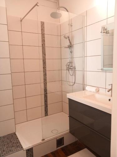 une salle de bain avec douche et lavabo dans l'établissement Bango, Art et élégance, Proche Centre Ville, à Reims