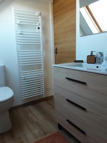 a bathroom with a sink and a toilet and a mirror at Chez Simone - Charming cottage - Ideal for 6 people in Saint-Valery-sur-Somme