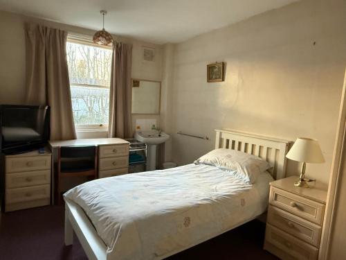 a bedroom with a bed and a sink and a television at SJGUESTHOUSE LONDON Single Room A in London