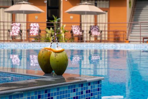 Dos plátanos sentados en el borde de una piscina en MJ Resort, en Isla Havelock