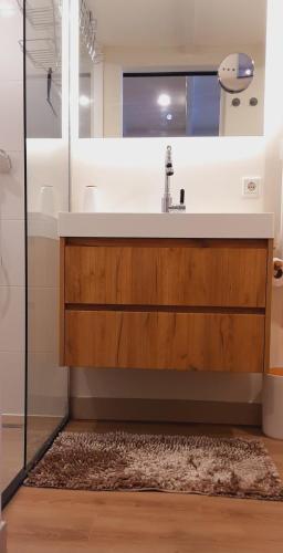 a bathroom with a sink and a shower at studio Le Garage in Bergen