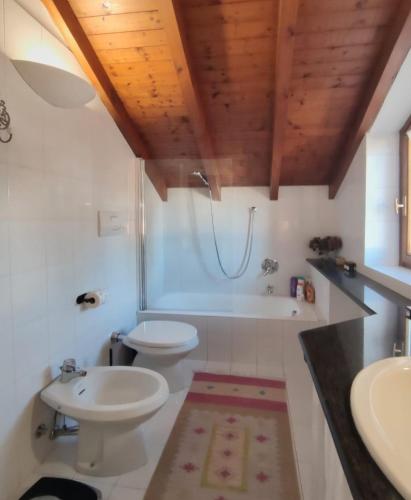 a bathroom with a sink and a toilet and a tub at La casa di Giò in Angera