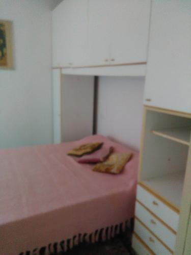 a small bedroom with a pink bed and a cabinet at Casa Fontana in Arcola