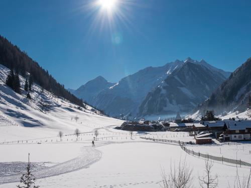 a person is skiing down a snow covered mountain at Rainberghof***, Appartements in Rauris