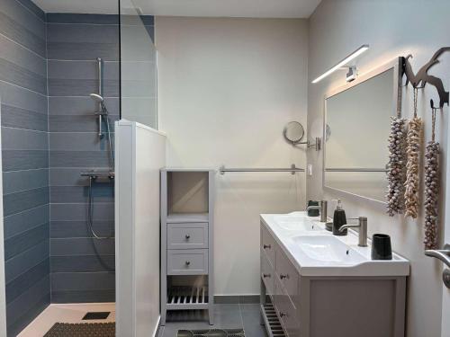 a bathroom with a sink and a shower at Maison 3* à Trébeurden: jardin clos, 2 chambres, proche plage et sentiers - FR-1-542-46 in Trébeurden