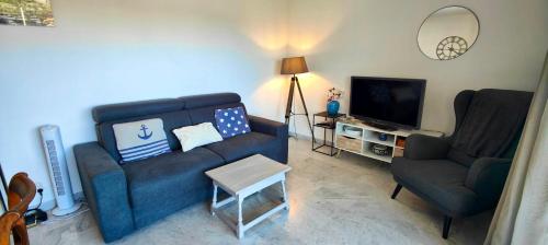 un salon avec un canapé et une télévision dans l'établissement Charming T2 with balcony near the port of Fréjus, à Fréjus