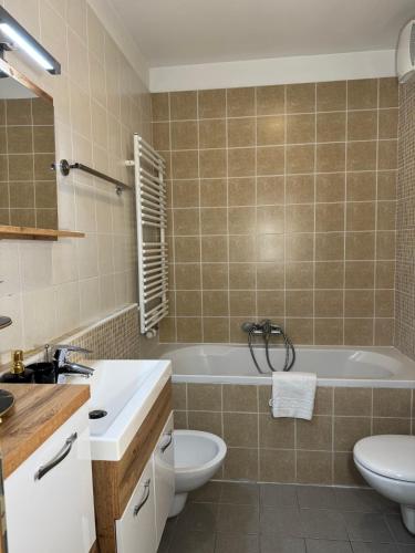 a bathroom with a tub and a toilet and a sink at Titanium in Izola