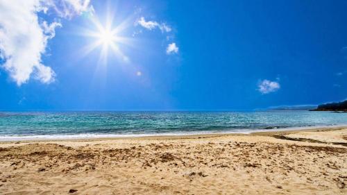 - une plage avec le soleil au ciel et l'océan dans l'établissement T2- pied dans l'eau- clim, au Lavandou