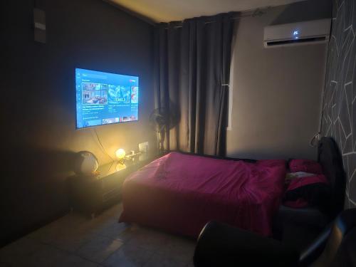 a bedroom with a bed and a tv on the wall at Mountain View Haven, Port Louis in Port Louis