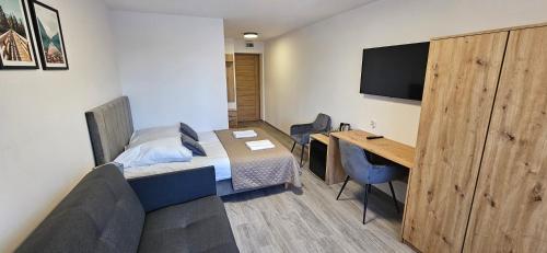 a room with a bed and a desk and a television at Rewita Kościelisko-Zakopane in Kościelisko