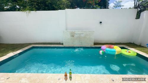 a swimming pool with a ball and a float in it at Stunning Brand New Villa in Downtown Punta Cana in Punta Cana