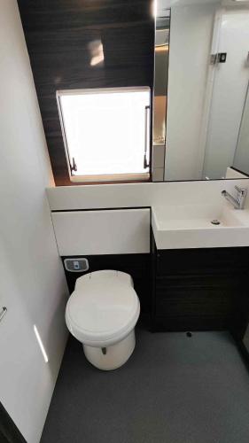 a bathroom with a toilet and a sink and a mirror at Northern Lights Camper in Rovaniemi
