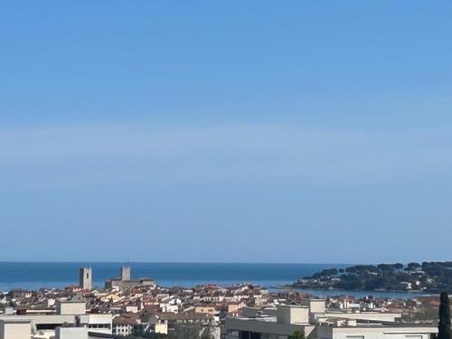 a view of a city with buildings and the ocean at Superbe 2 pièces Antibes vue mer, piscine, parking in Antibes