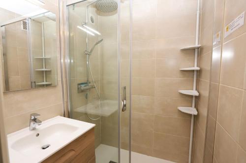 une salle de bain avec un lavabo et une douche dans l'établissement St Cyprien charmant Studio proche de la marina, à Saint-Cyprien