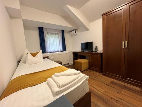 a bedroom with a bed and a desk and a television at Bassiana Hotel és Étterem in Sárvár