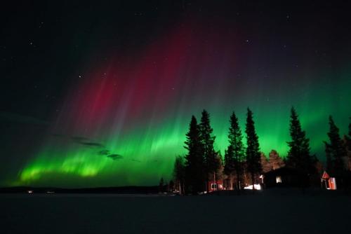 an image of the northern lights in the sky at Camp Caroli Family House in Jukkasjärvi