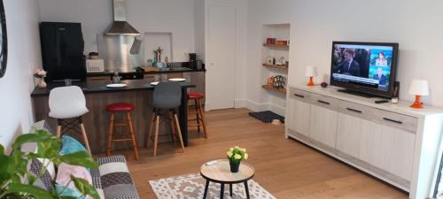 un salon avec une télévision et une cuisine dans l'établissement Charmant appartement Avignon et Parking, à Avignon