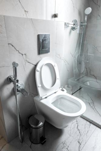 a bathroom with a white toilet and a shower at Elysium House in Truskavets