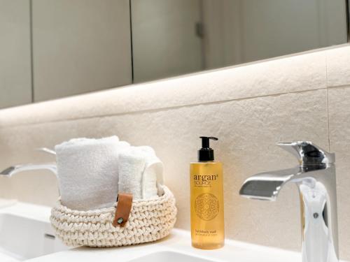 - un lavabo avec un rouleau de papier toilette et une bouteille de savon dans l'établissement Meynadier 12B, à Cannes