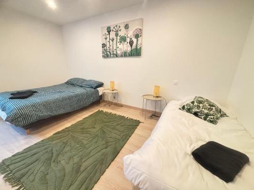 a bedroom with a bed and a green rug at Maréchal 1 Parking 4 Couchages in Clouange