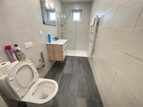 a bathroom with a toilet and a sink and a shower at Maréchal 1 Parking 4 Couchages in Clouange