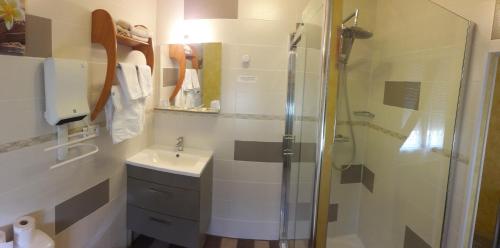 une salle de bain avec douche et lavabo dans l'établissement Hotel METROPOLE ET DE GASCOGNE, à La Celle-sous-Gouzon