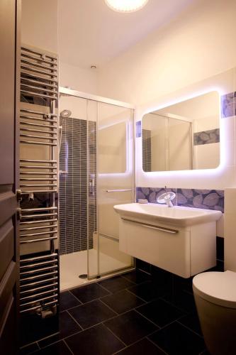 une salle de bain avec un lavabo et une douche dans l'établissement Loft haut de gamme entre verdure et ville, à Chaudefontaine