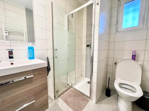une salle de bain avec une douche, des toilettes et un lavabo dans l'établissement L'Oustau Degio - Villa Provence, Piscine, CLIM, Calme, 4 chambres, 6 lits, 2 salles de bains, 8 personnes, à Istres