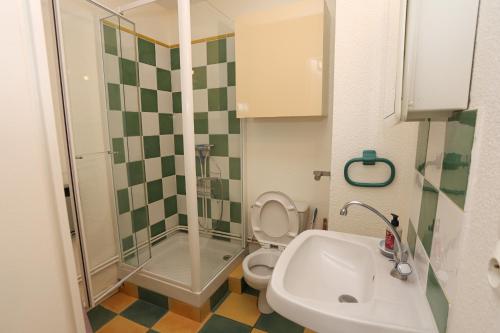 une salle de bain avec une douche, des toilettes et un lavabo dans l'établissement St Cyprien appartement proche plage, à Saint-Cyprien