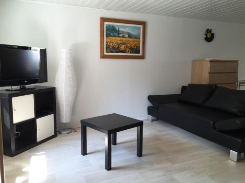 a living room with a black couch and a tv at Appartement proche Colmar in Soultzbach-les-Bains