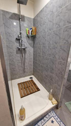 une salle de bain avec une douche avec une porte vitrée dans l'établissement Montagne CORSE, à Pietroso