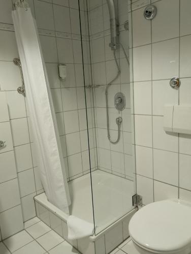 a bathroom with a shower and a toilet at Paulin Hotel Trier in Trier