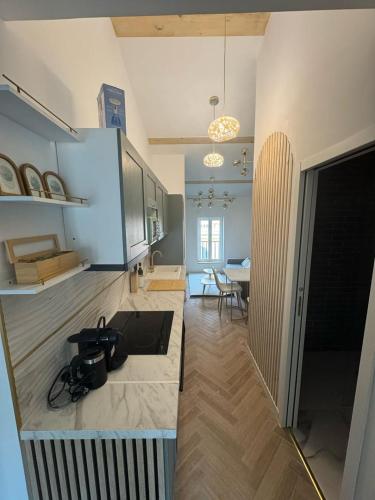 une cuisine avec un comptoir et une salle à manger dans l'établissement MOON - 47, à Nice