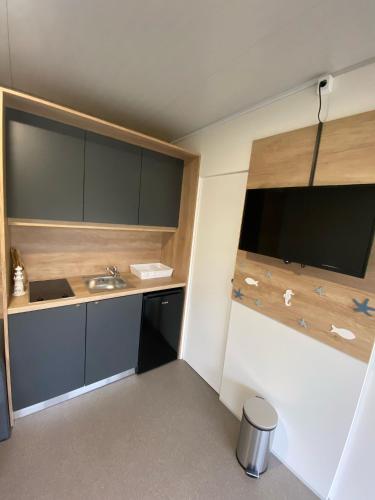 a small kitchen with a sink and a counter at Green Hill Mobile Home in Ražanac