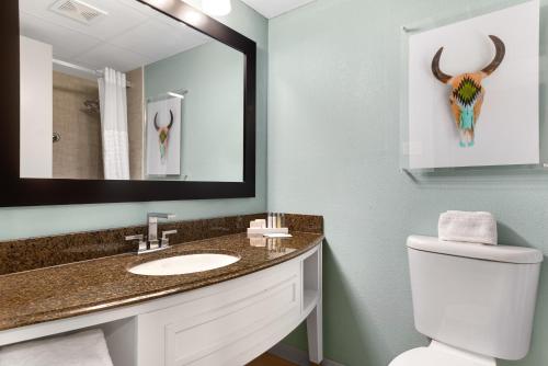 a bathroom with a sink and a toilet and a mirror at Riverwalk Plaza Hotel in San Antonio