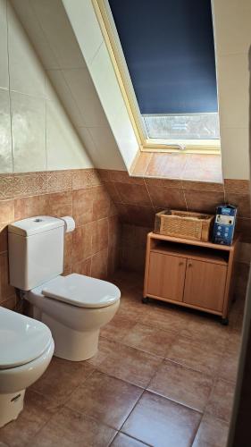 a bathroom with a toilet and a skylight at Apartamento Aran isaba in Isaba