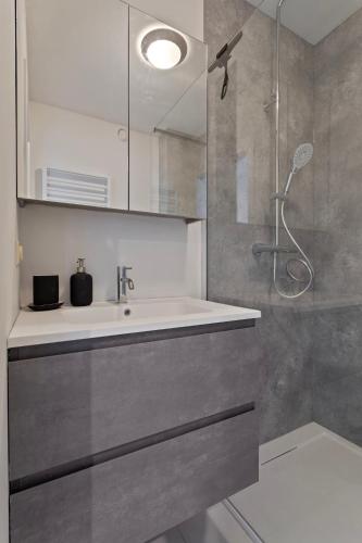 une salle de bain avec un lavabo et une douche dans l'établissement Cosy Calmeyn, à La Panne