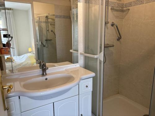 une salle de bain avec un lavabo et une douche dans l'établissement La Croisette I T2, à Cannes