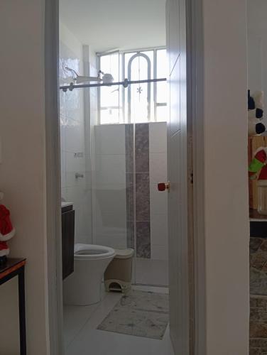 a bathroom with a toilet and a shower in it at MonteClaro de Fusa in Fusagasuga