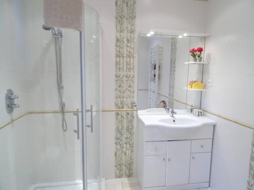 une salle de bain blanche avec un lavabo et une douche dans l'établissement Unique havre de paix, à Nice