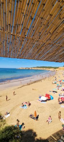 una spiaggia con molte persone sdraiate sulla sabbia di Praia da Rocha Flamingo Residence Summer a Portimão