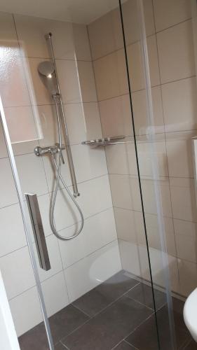 a shower with a glass door in a bathroom at Post Hardermannli in Interlaken