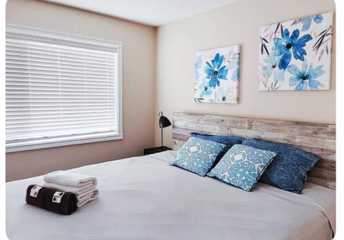 a bedroom with a bed with blue pillows and a window at Banff -Calgary Garden &3 mins Bus station Close C-Train&Free Parking in Calgary