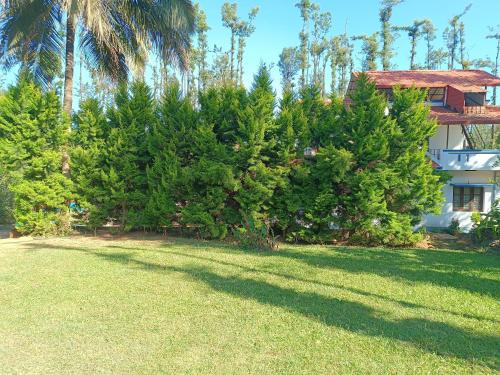a yard with trees in front of a house at Villa Vibes in Chikmagalūr