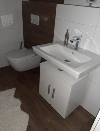 a white bathroom with a sink and a toilet at Ferienwohnung Zur Flomborner Wutz in Flomborn