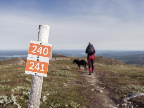 a person and a dog walking on a hill with a sign at Apartment Trillevallen 5 by Interhome in Trillevallen