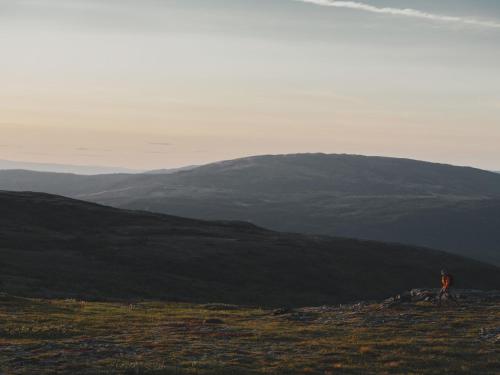 a person walking on a hill with a mountain in the background at Holiday Home Trillevallen Fjällripan by Interhome in Trillevallen