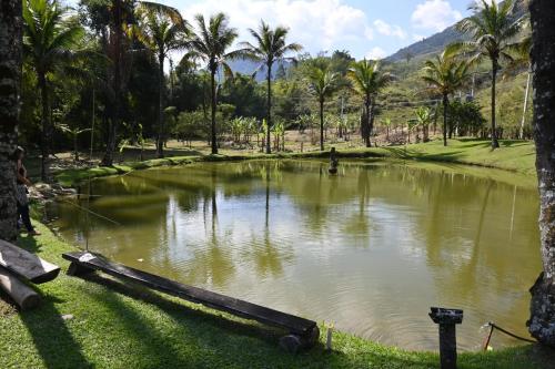 a pond with palm trees in a park at Tangaras da Serra in Macaé