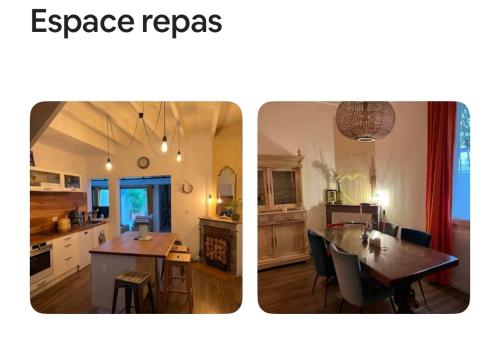 deux photos d'une cuisine et d'une salle à manger dans l'établissement Jolie maison proche du centre Bordeaux, à Bordeaux